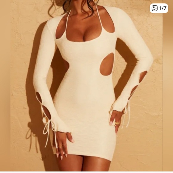Oh Polly Dresses & Skirts - Oh Polly Beige Cutout Long Sleeve Bodycon Dress